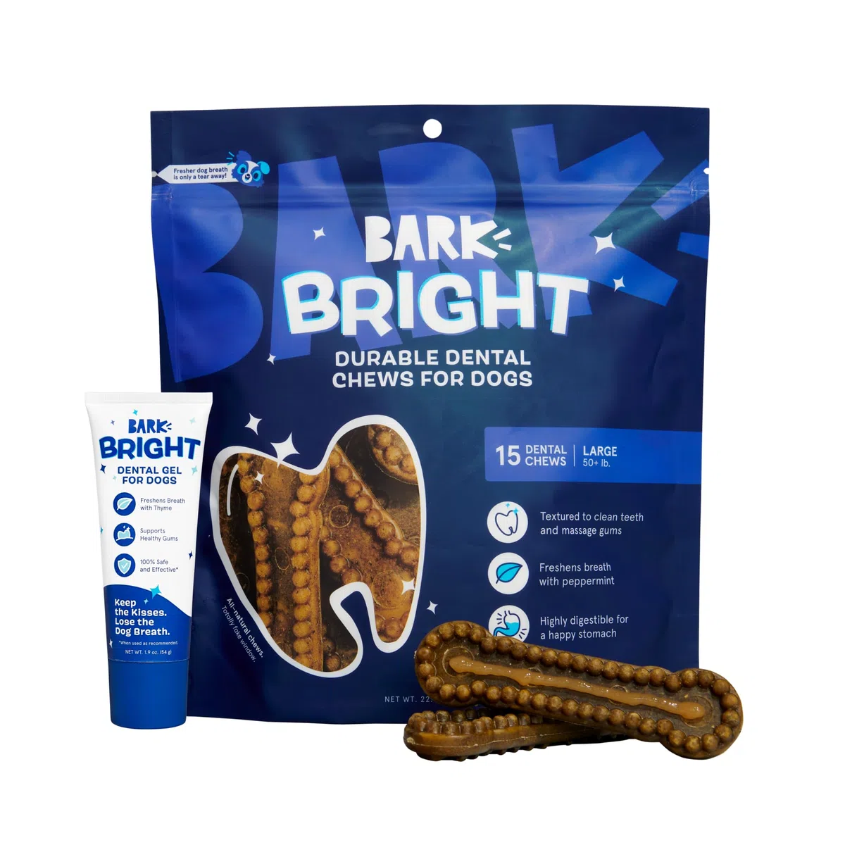 Bark Bright - Kit de masticables dentales duraderos - Kit de cepillado de dientes de perro con masticables de limpieza de dientes y pasta de dientes - Removedor de placa y sarro para dientes más