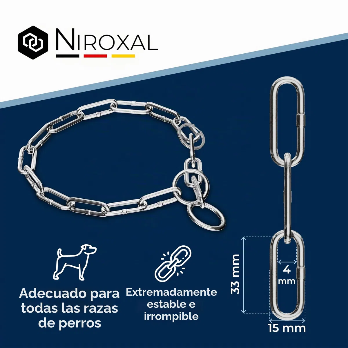 Cadena para Perro de Acero Inoxidable con mosquetón Fijo – Eslabones Largos – 4 mm x 48 cm