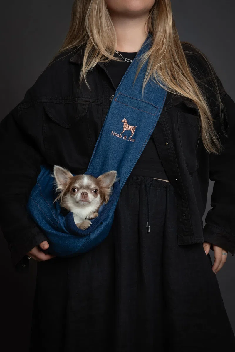 Noah & Paw Bandolera transportin Perro 1,5-5 kg, transportin Gato pequeño, Bolsa Transporte Ajustable para Mascotas, 3X función de Seguridad, Fabricado en Denim Premium.