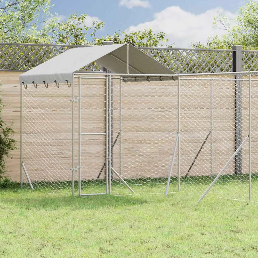 Perrera para perros al aire libre con techo de acero galvanizado plateado, 6 x 6 x 2,5 m, gran caño con puerta, protección de seguridad, recinto para perros, cachorros, entrenamiento, jardín