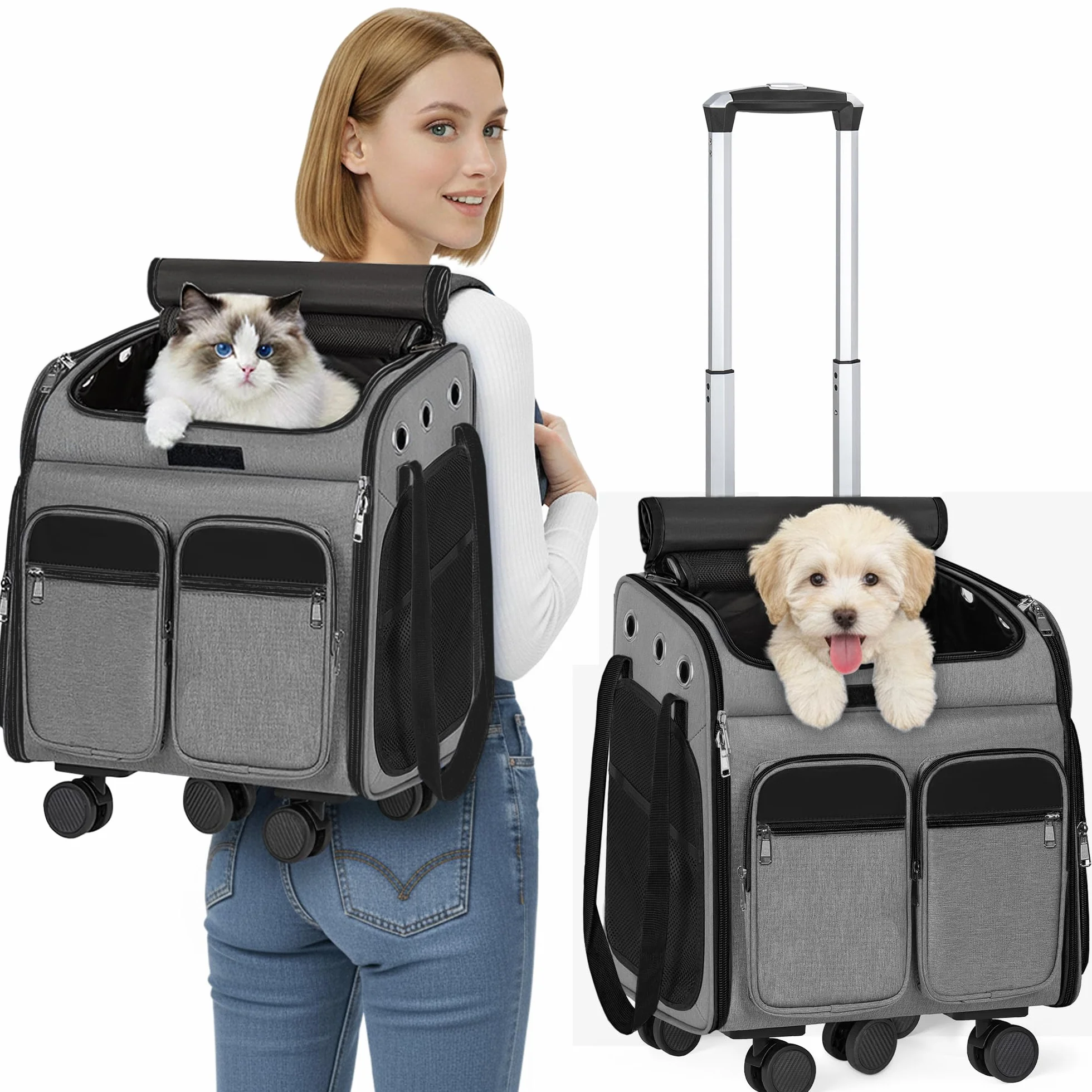 OUUTMEE Con carro 2 en 1 hasta 20 kg, mochila para gatos grande con ruedas, mochila multifuncional, transpirable, gris
