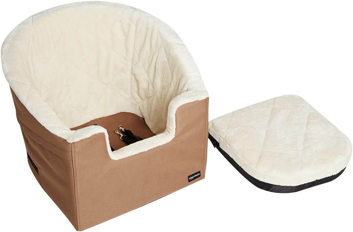 Amazon Basics Asiento Elevador para Mascotas, Estilo Cubo, Beige Bronceado