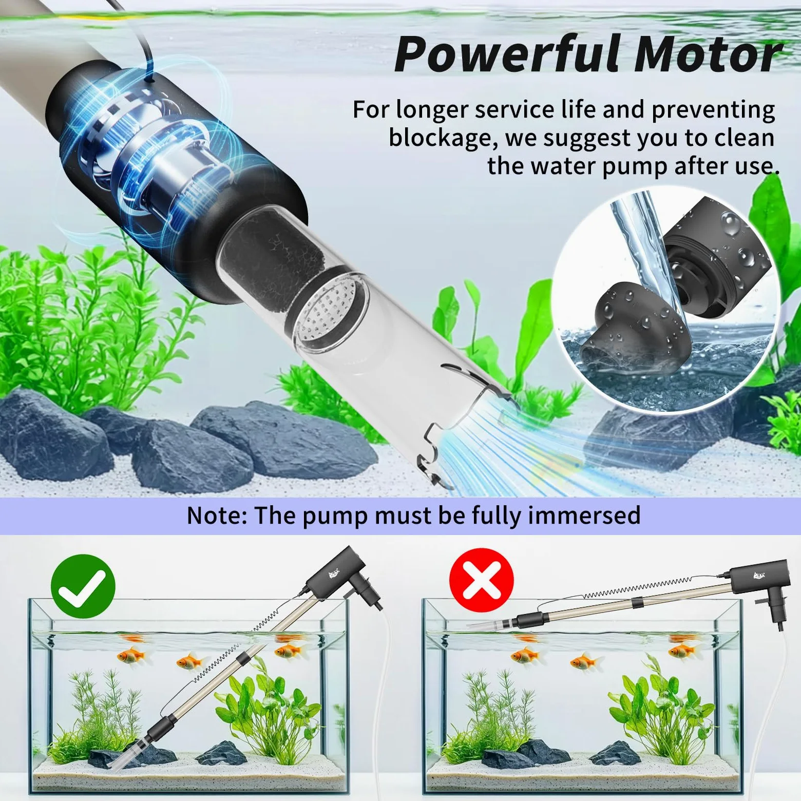 AQQA Limpiador de grava al vacío para acuario, 20 W, eléctrico, recargable, herramientas para cambio automático de agua, limpieza de desechos y lavado de arena, fuerte succión con 4 velocidades
