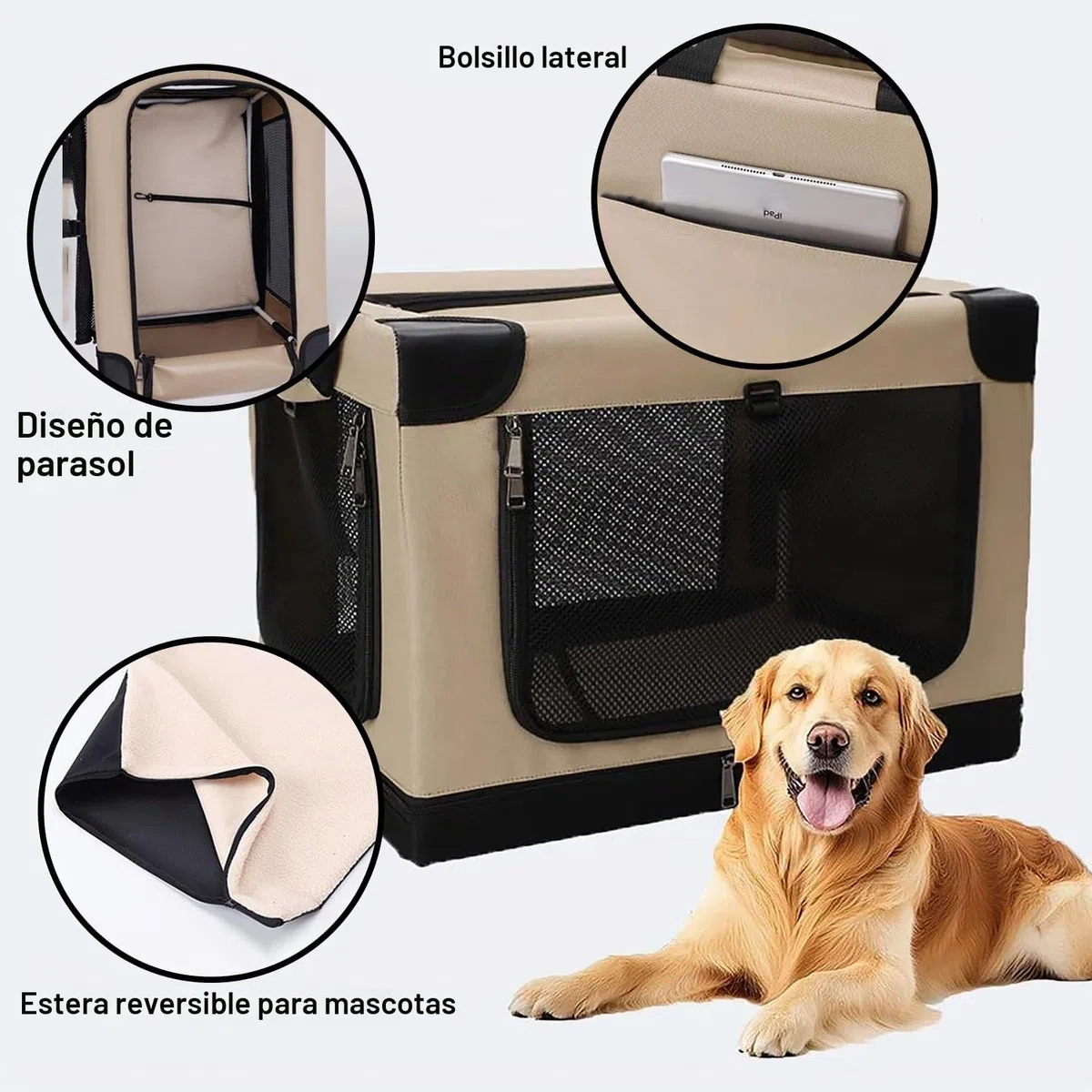 Transportin Perro Grande,Caja Plegable para Perros Medianos,Bolsa Plegable,Ventanas de Red Resistentes y Inserto de Cama de Felpa para Casa y Viaje(82x59x59 cm)