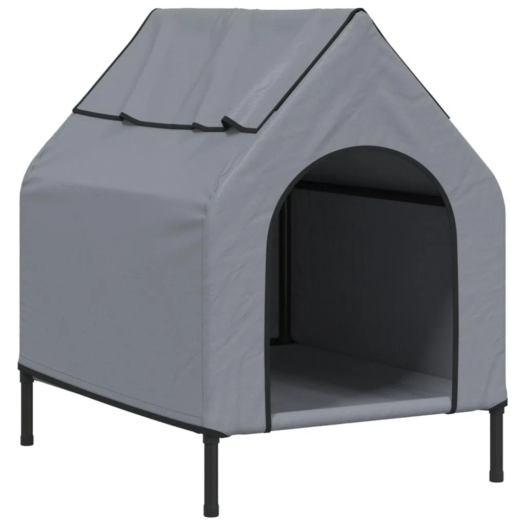 Caseta para perro gris claro de tela Oxford con estructura de acero con recubrimiento en polvo, diseño elevado con techo enrollable y ventana de textileno para ventilación, ligera caseta para mascotas