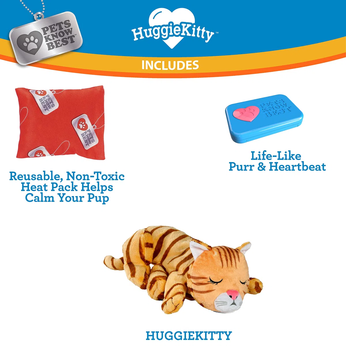 Pets Know Best HuggieKitty - Juguete de Peluche para Gatos, Sonido Relajante y Calidez Que Ayuda a relajar y reconfortar a tu Mascota, ronroneo y Latido del corazón, Paquete de calefacción, Naranja