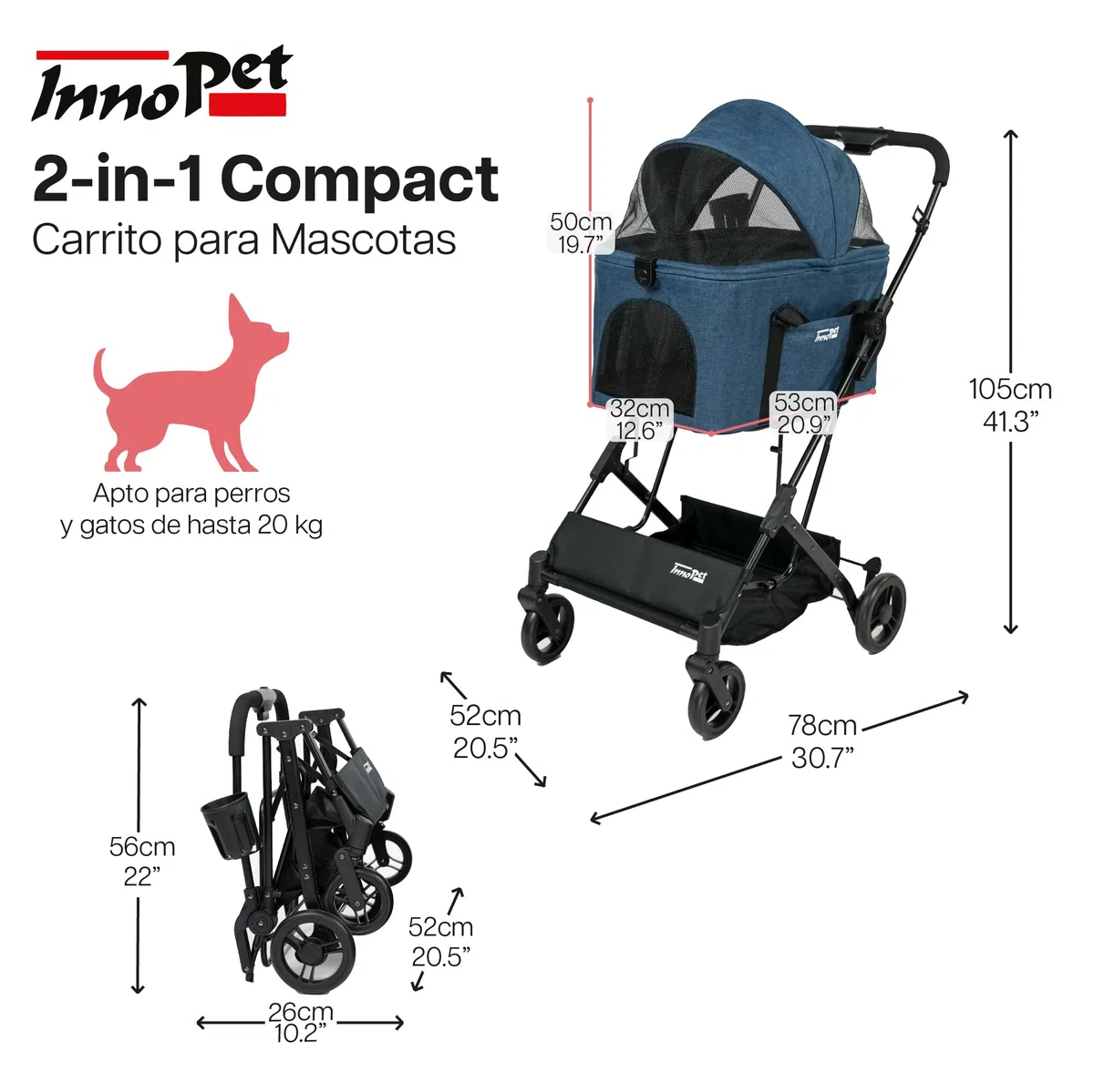 Innopet 2 en 1 carrito compacto - Cochecito plegable con transportín desmontable y asiento de coche, para perros y gatos hasta 20kg, con cesta y portavasos