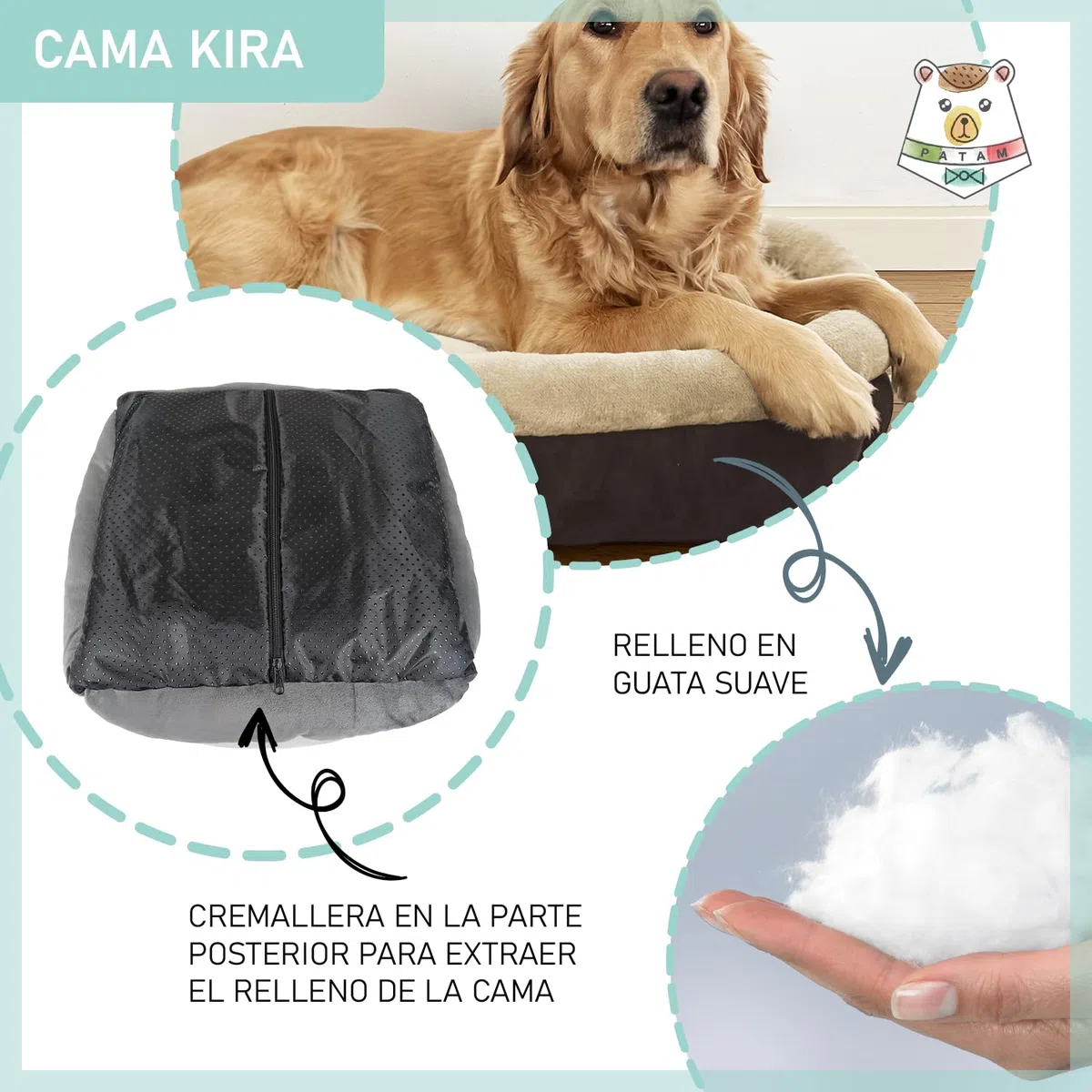 PATAM Cama para Perros y Gatos para Interior, Suave y Antideslizante, Funda Lavable a máquina - Kira Beige, Medium 61 x 56 x 20 cm