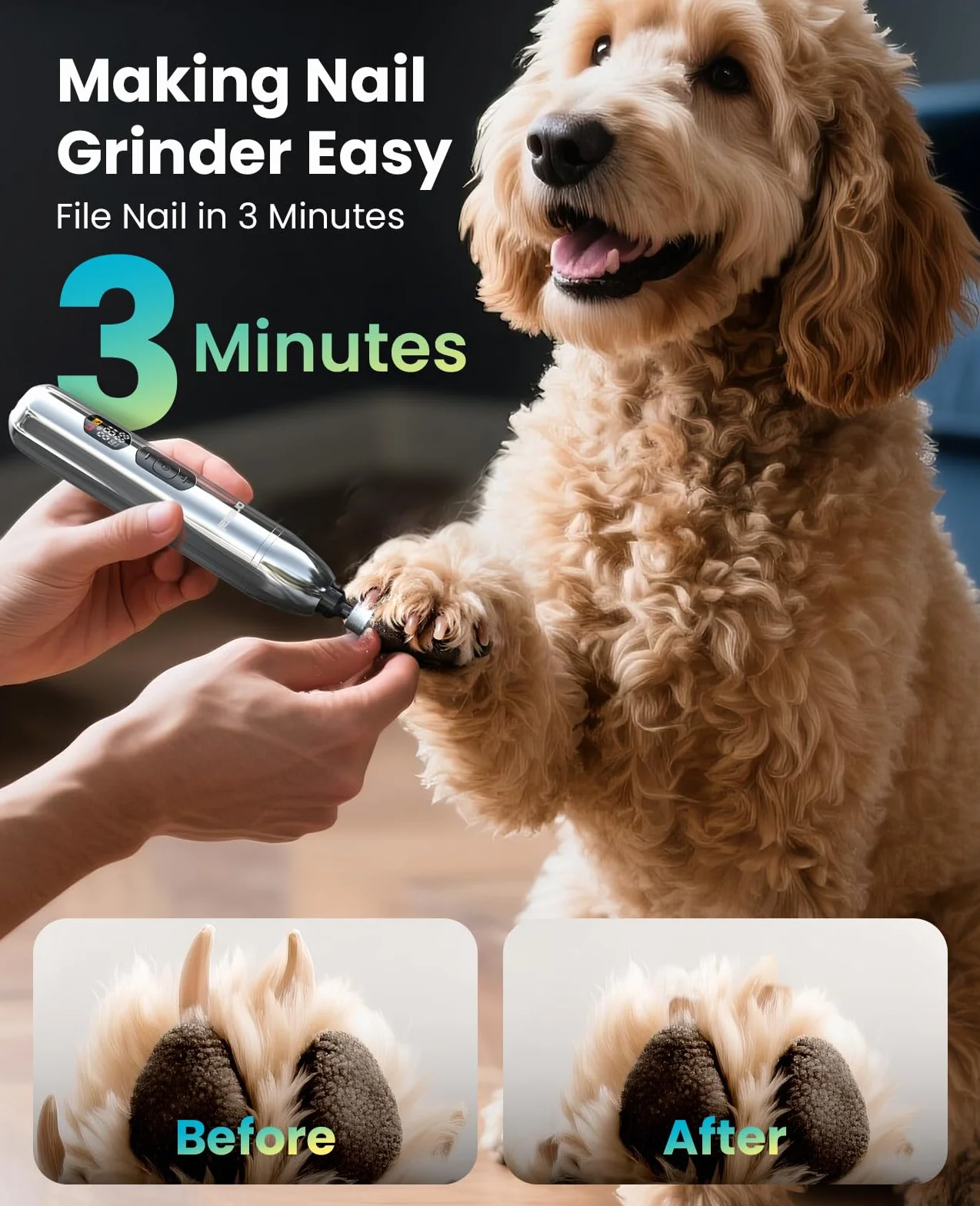 oneisall Cortaúñas para perros para el aseo de pelos gruesos, kit de aseo de perros de bajo ruido, impermeable, 3 velocidades, molinillo de uñas inalámbrico para mascotas, recortador de patas de perro