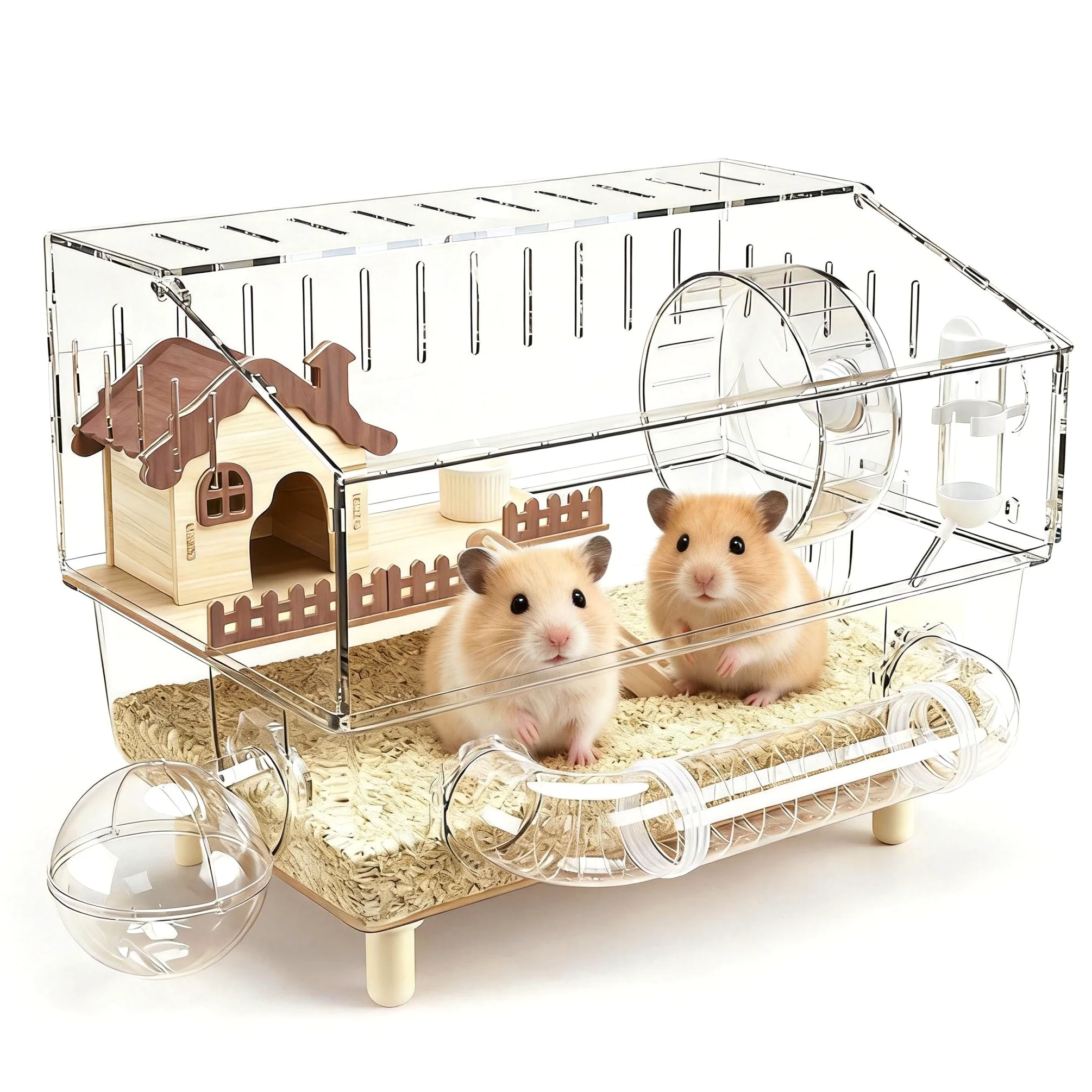 Jaula Hamster, 43 x 30 x 34 cm Jaula Grande para Hámster de Acrílico con Zona de Descanso Rueda de Ejercicio Túnel Baño Exterior Tetera y Comedero para Animales Pequeños para Jugar y Retozar