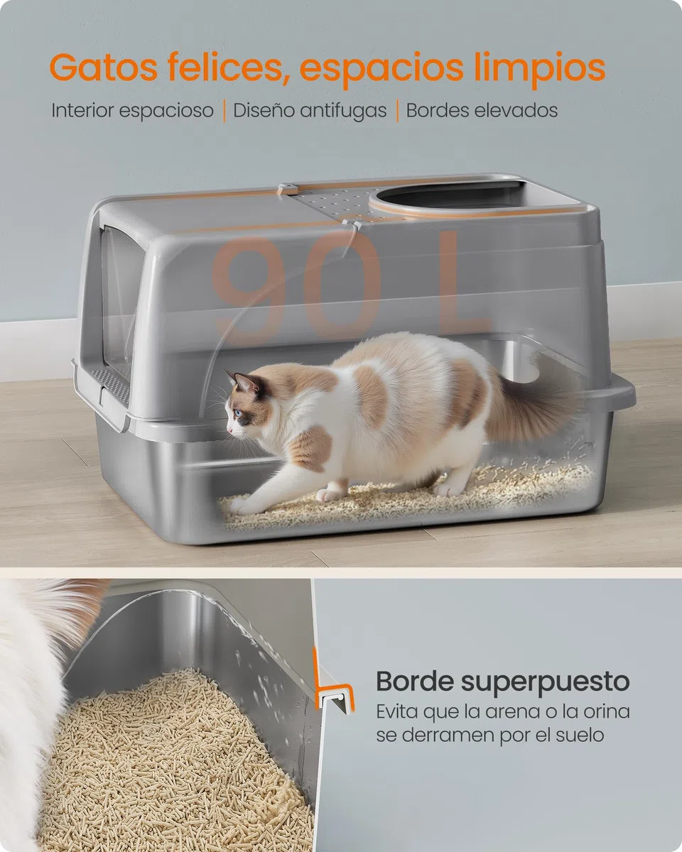 Feandrea Caja de Arena de Acero Inoxidable para Gatos con Tapa Abatible, Arenero XL, a Prueba de Fugas, Cuchara, Cepillo, Doble Entrada, Carga de Encimera de 15 kg, Gris Paloma PPT005G01