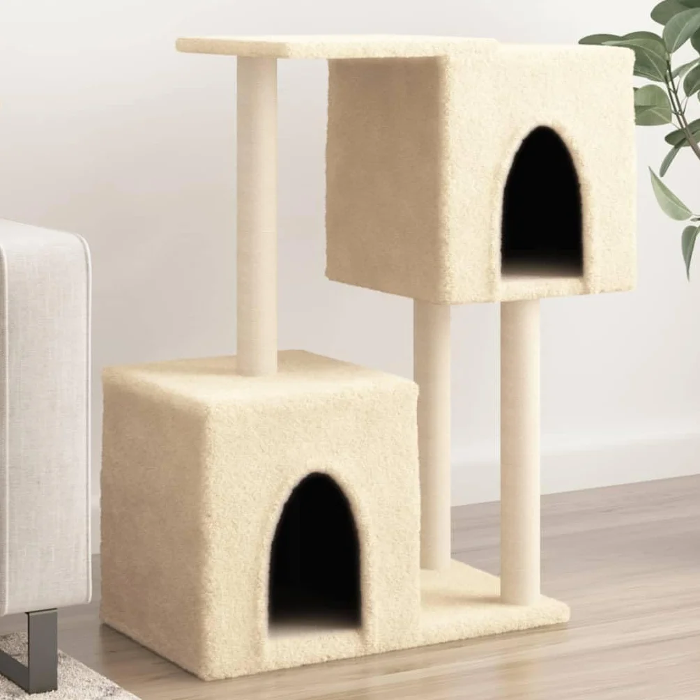 Árbol rascador con columnas de sisal y 2 cuevas, color crema, 86 cm