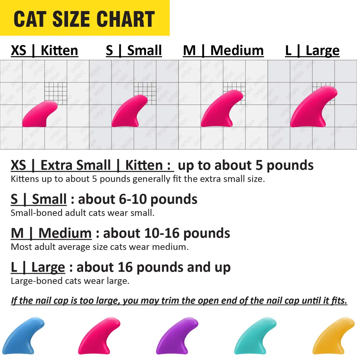 Zetpo - 100 tapas de uñas suaves para gatos, 5 x diferentes colores al azar + 5 x pegamento adhesivo + 5 x aplicador, puntas de gatito, patas de gato, patas de mascotas de gato, cubiertas suaves