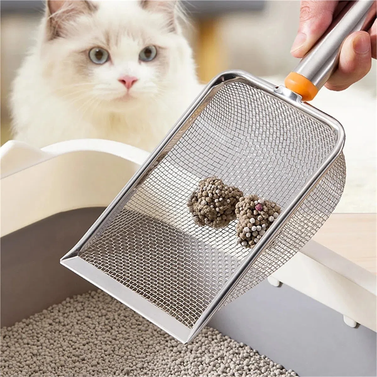 Pala de arena para gatos de malla fina de acero inoxidable, pala antiadherente fácil de limpiar para arena de reptiles (2,8 x 2,8 mm, naranja)