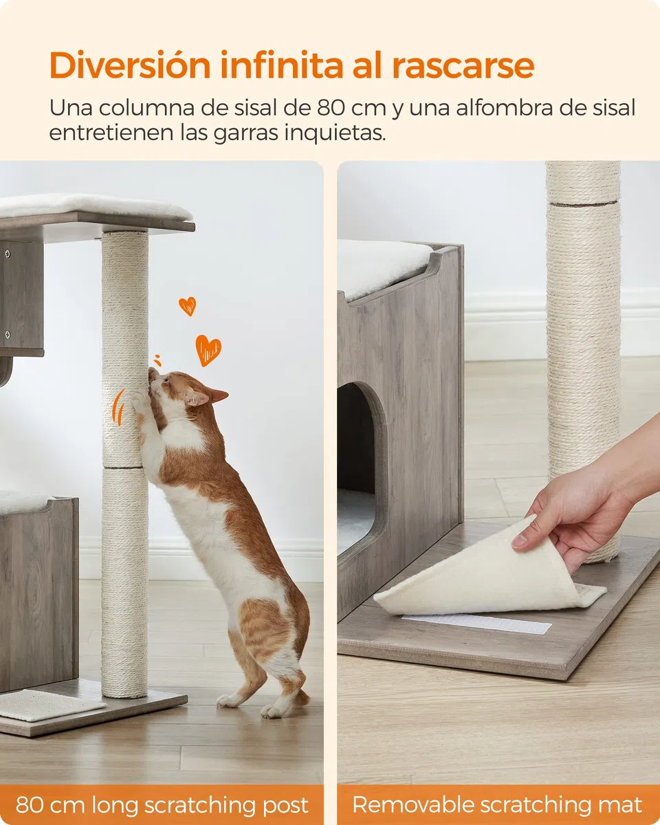 Feandrea Árbol de Gatos, Tablero de aglomerado de 86 cm de Altura, con Poste de Sisal, Plataforma, Cubierta de Piel Sintética Lavable, Greige Melange PCT070G01