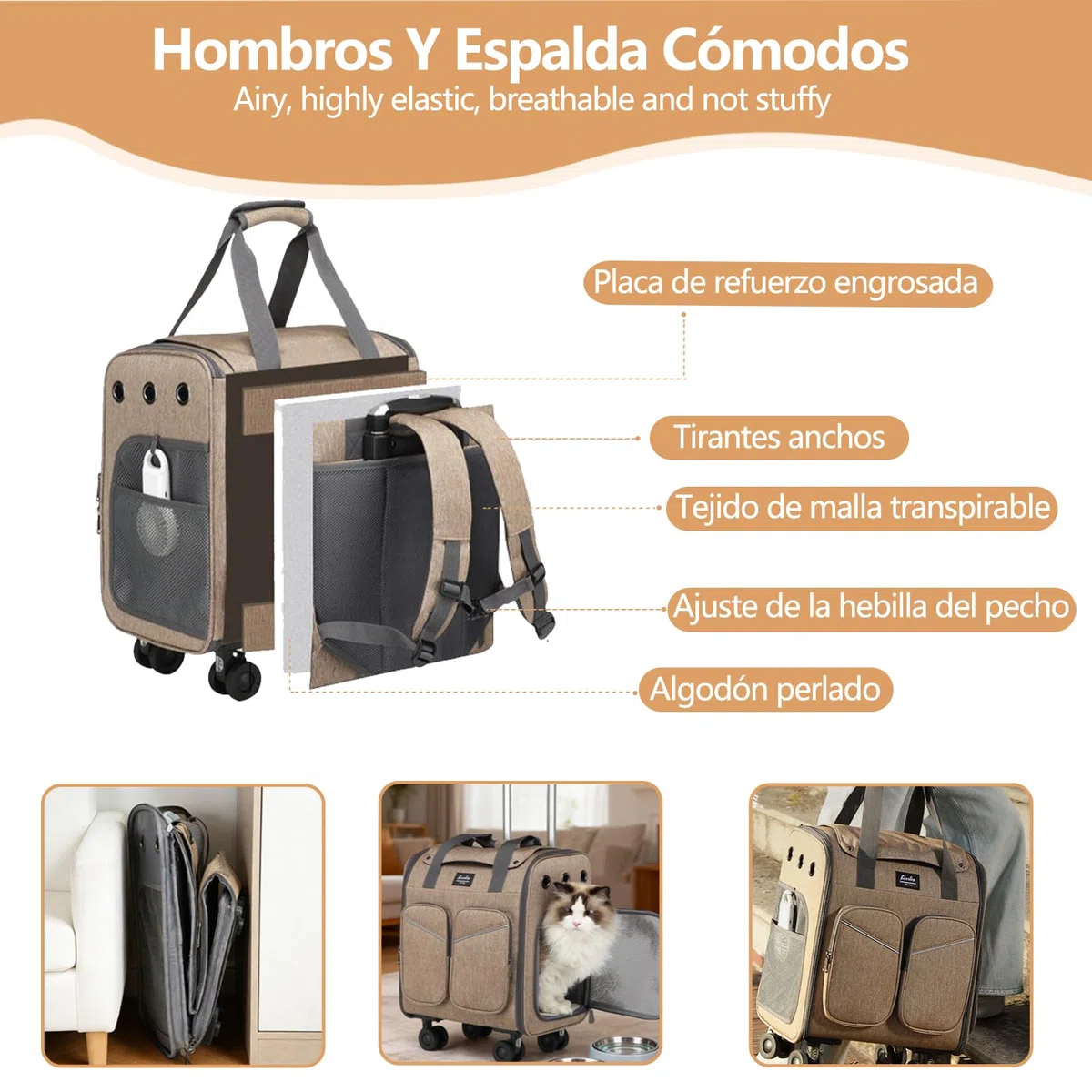 Galatée Maleta con Ruedas para Mascotas, Fabricada En Malla De Poliéster Ventilada, con Frenos para Absorción De Impactos y Agarres Antideslizantes, Apta para Gatos y Perros(Gris)