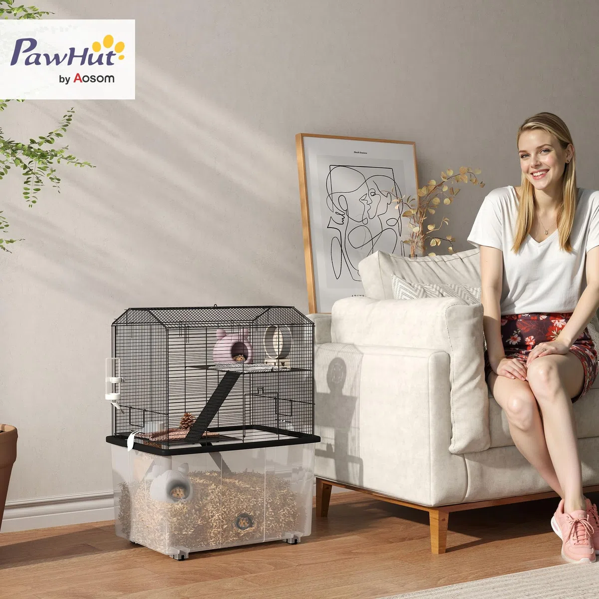 PawHut Cage Hamster, jaula roedor, 3 pisos, con ruedas, 2 plataformas y 2 escalera, C, alambre de acero, 57 x 43 x 74 cm, negro