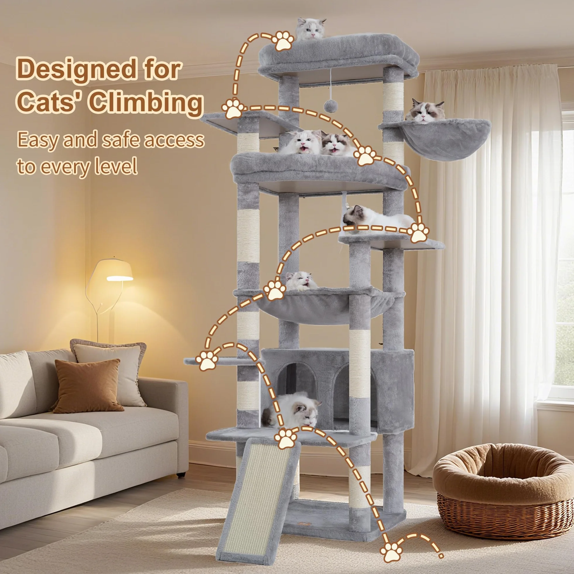 Heybly Rascador para Gatos, 191cm Arbol Rascador Grande con 2 Plataformas Descanso Extra Grandes, Superficie para Rascar, Cueva Grande Cesta Poste Sisal Adecuado Gatos Adultos, Gris Claro HCT038W