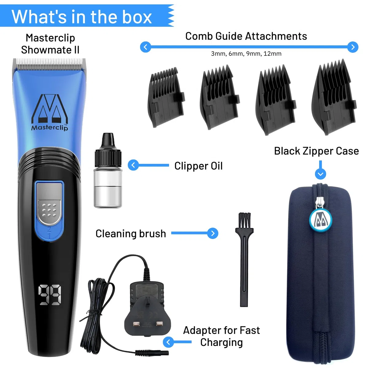 Masterclip Cortapelos para perros (azul), ultra silencioso; kit de aseo profesional con recortadora inalámbrica ligera. Cortapelos Showmate II recargable adecuado para perros, gatos y otros pelos de