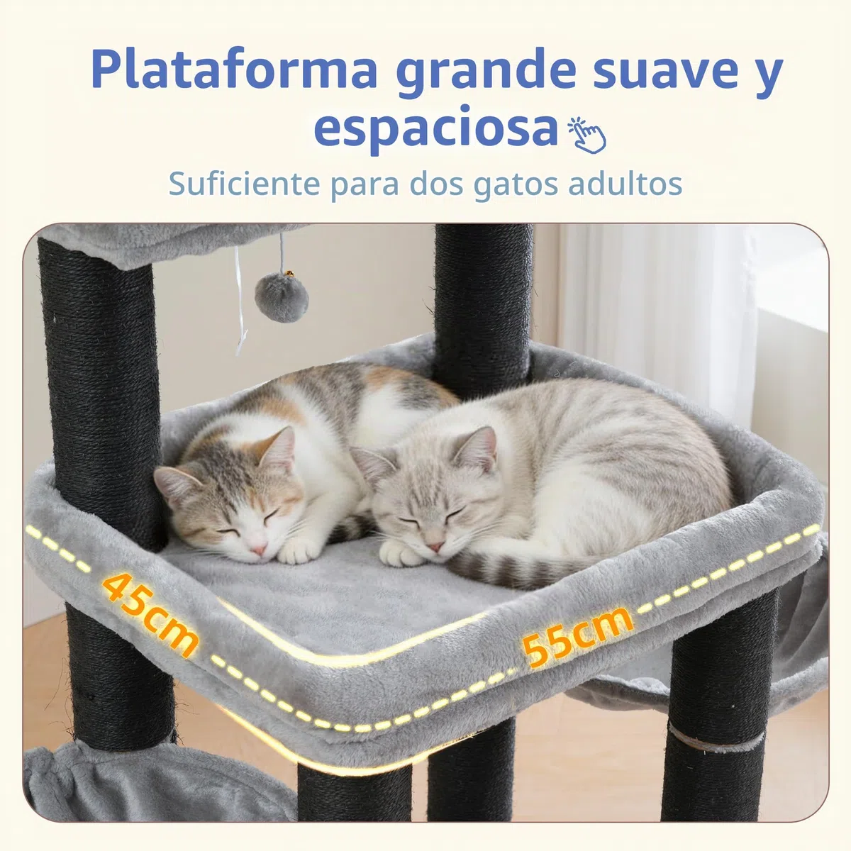Hey-brother Rascador para Gatos, Poste de Sisal 8 cm Grosor, Cueva, MPJ02G | 130cm Árbol Rascador Para Gatos, con 2 Plataforma, 2 Cesta, Cepillo para Mascotas, para Gato de Interior, Gris Claro