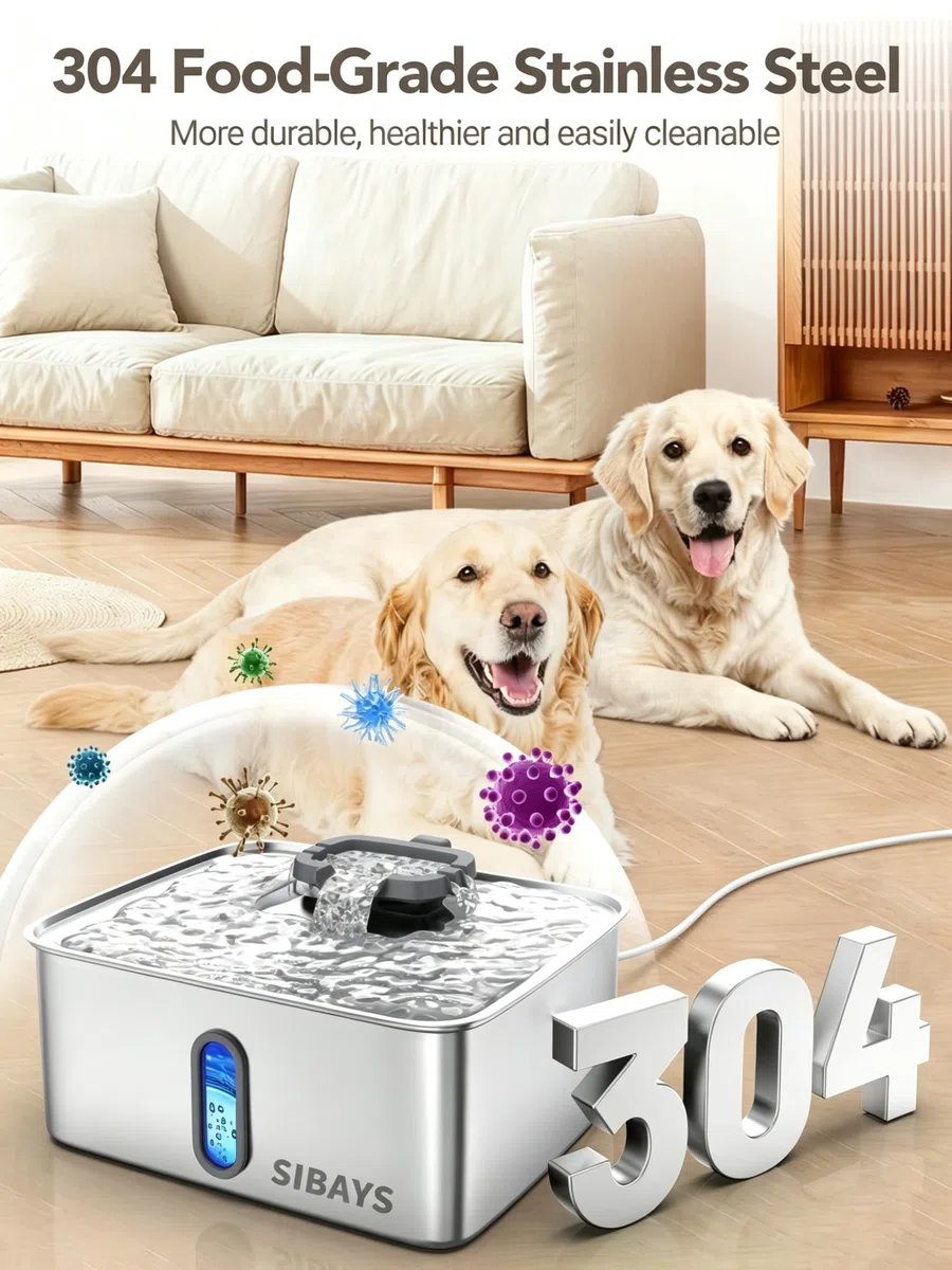 SIBAYS Fuente de agua para perros de 4 galones/15 L para perros grandes, fuente de agua de acero inoxidable para mascotas, dispensador automático ultra silencioso con ventana de nivel de agua y luz