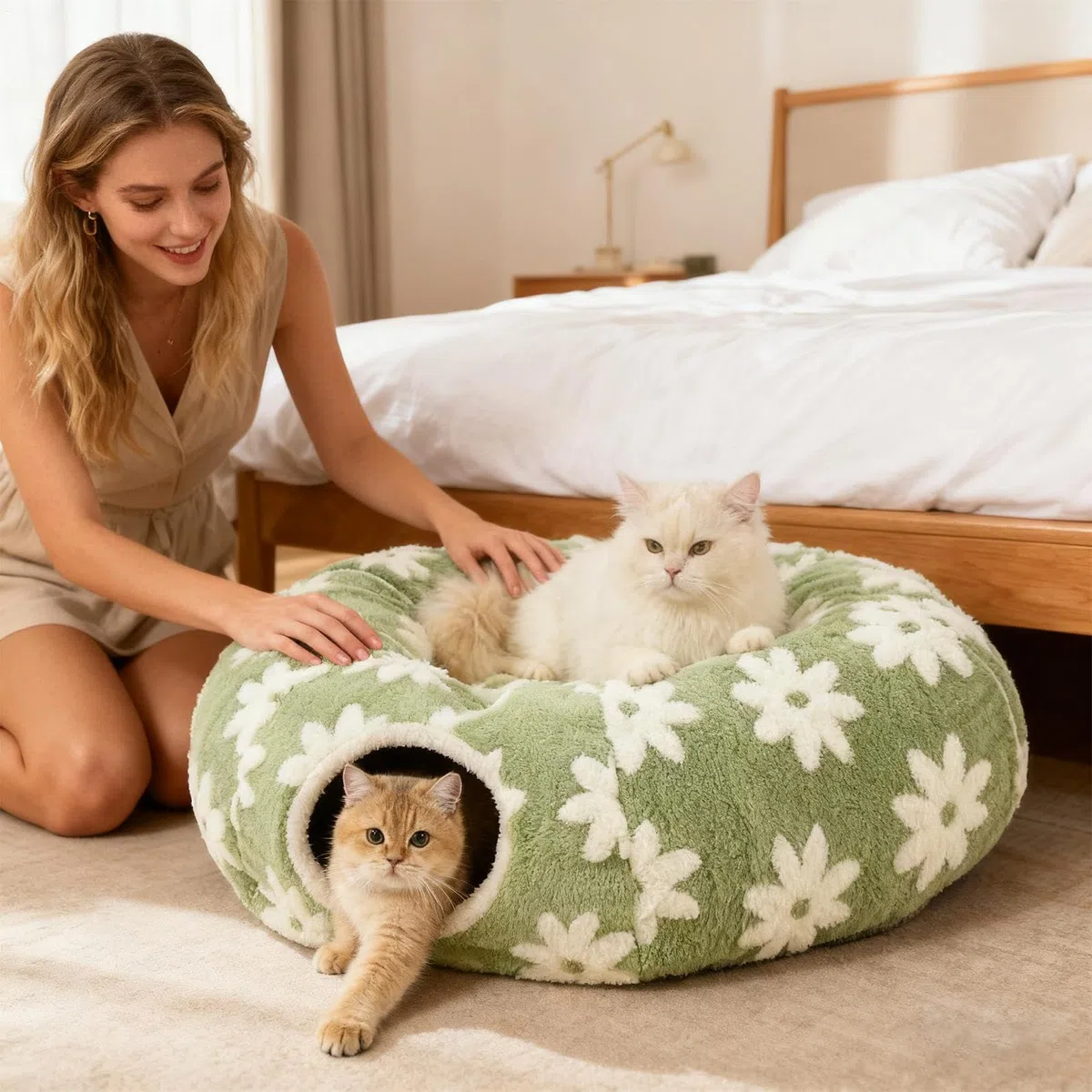 Cama Tunel para Gatos, Túnel De Falda De Árbol De Navidad para Gatos, Cama De Felpa Lavable con Bola, Tubos Y Túneles Interactivos para Cat con Diseño De Flores, para Gatear, Rascarse, Dentición