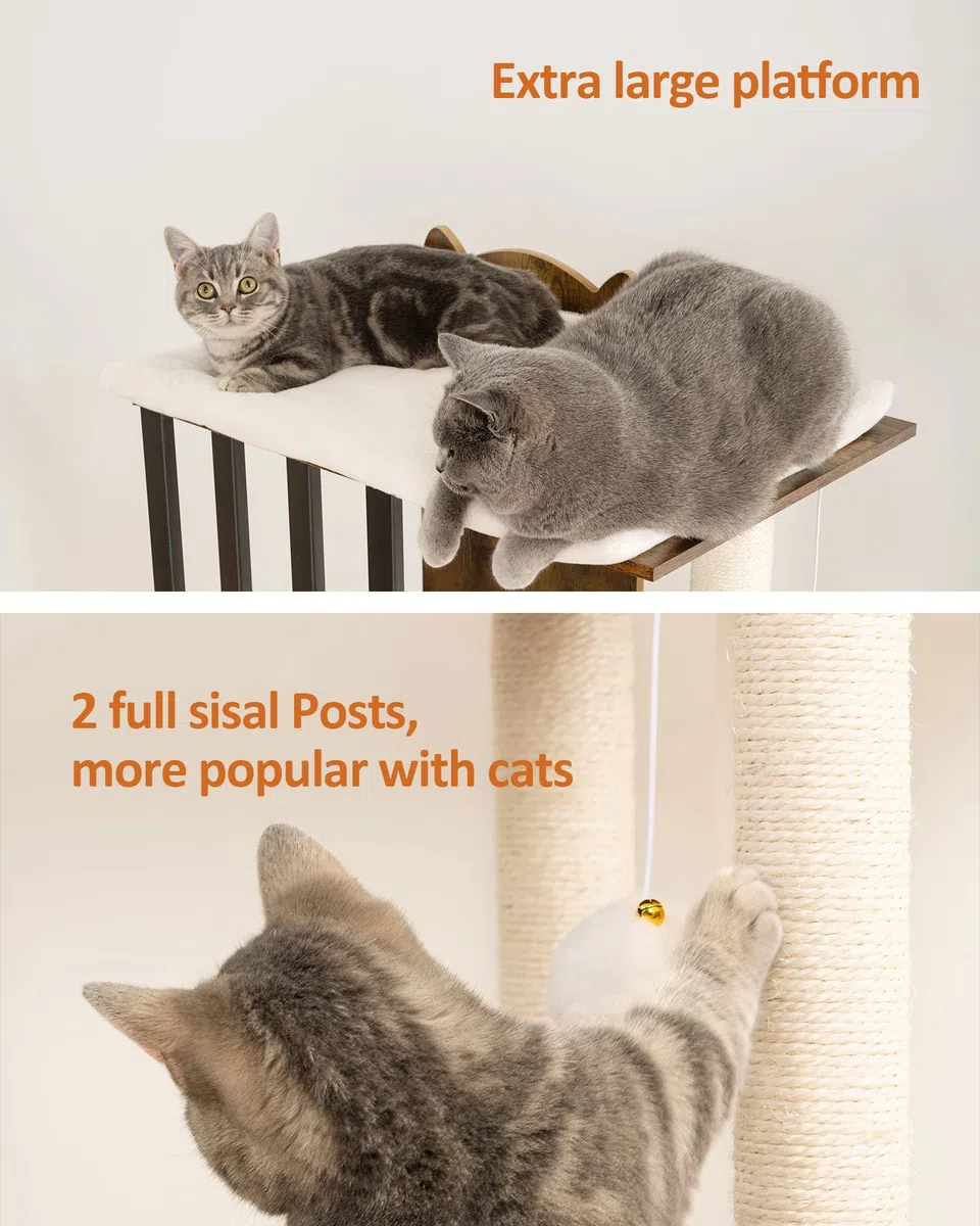 FourFurPets 3 Niveles Moderno Árbol para Gatos, Altura 111 cm, Torre de Gatos, con 2 Postes de Sisal, 3 Gran Plataformas, Pompones, Marrón Rústico