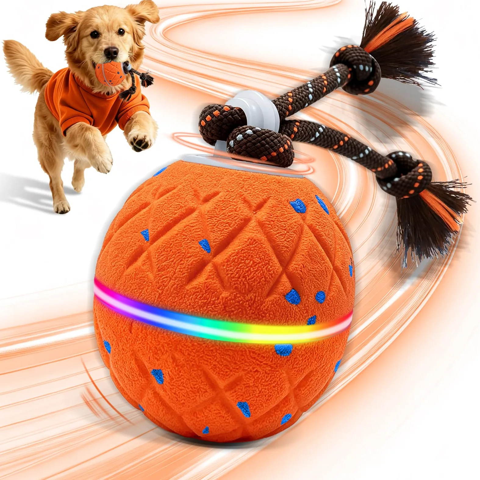 Pelota Interactiva para Perros - Wicked Ball Rolly con Cuerda y Ladridos, Juguete Interactivo Inteligente para Perros con 2 Modos de Juego, E-TPU, USB-C Recargable, Luces RGB, Adecuado para Perros
