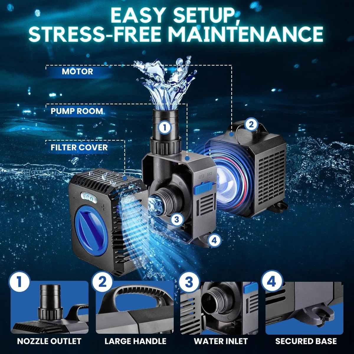 Flexzion Estanque de la bomba sumergible de flujo ajustable Inline acuario Fuente Cascada Koi Fish Fresh Salt Filtro de agua con el conjunto de adaptador de salida 1 1200GPH