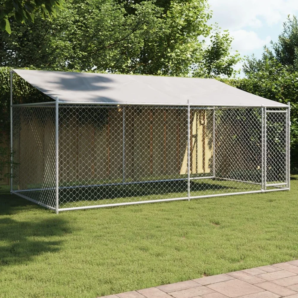 Gecheer Jaula de Perros Techo y Puerta Acero galvanizado Gris 4x2x2 m,Cercado para Perros Perrera Gallinas,Caseta para Perros Mascotas Animales Perro Grande Exterior