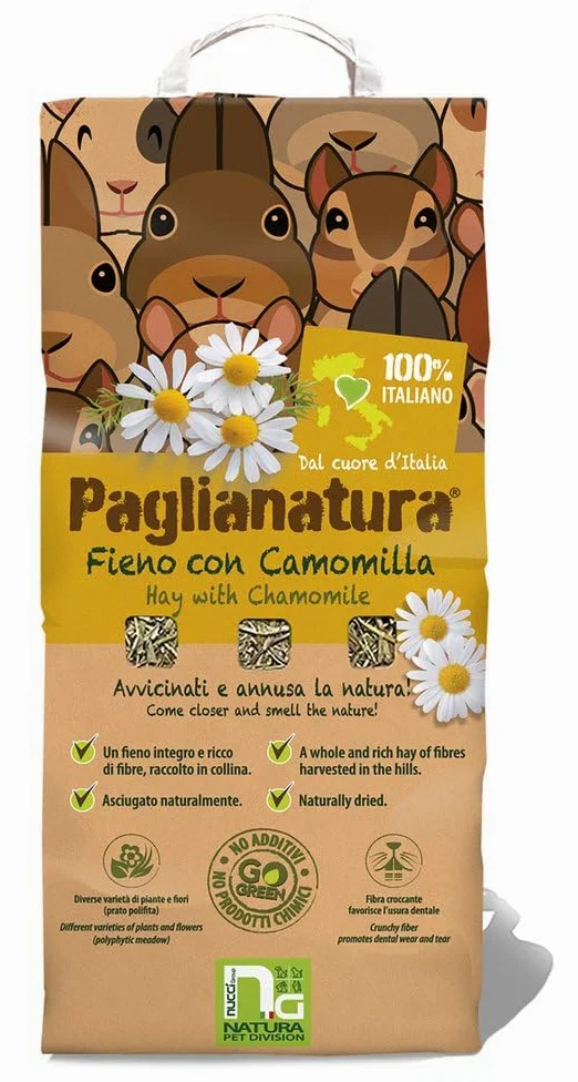 Paglianatura Kit de 6 Bolsas de heno Natural de 1300 g y manzanilla, alimento para Conejos, cobayas y roedores, Rico en Fibra, calmante y digestivo