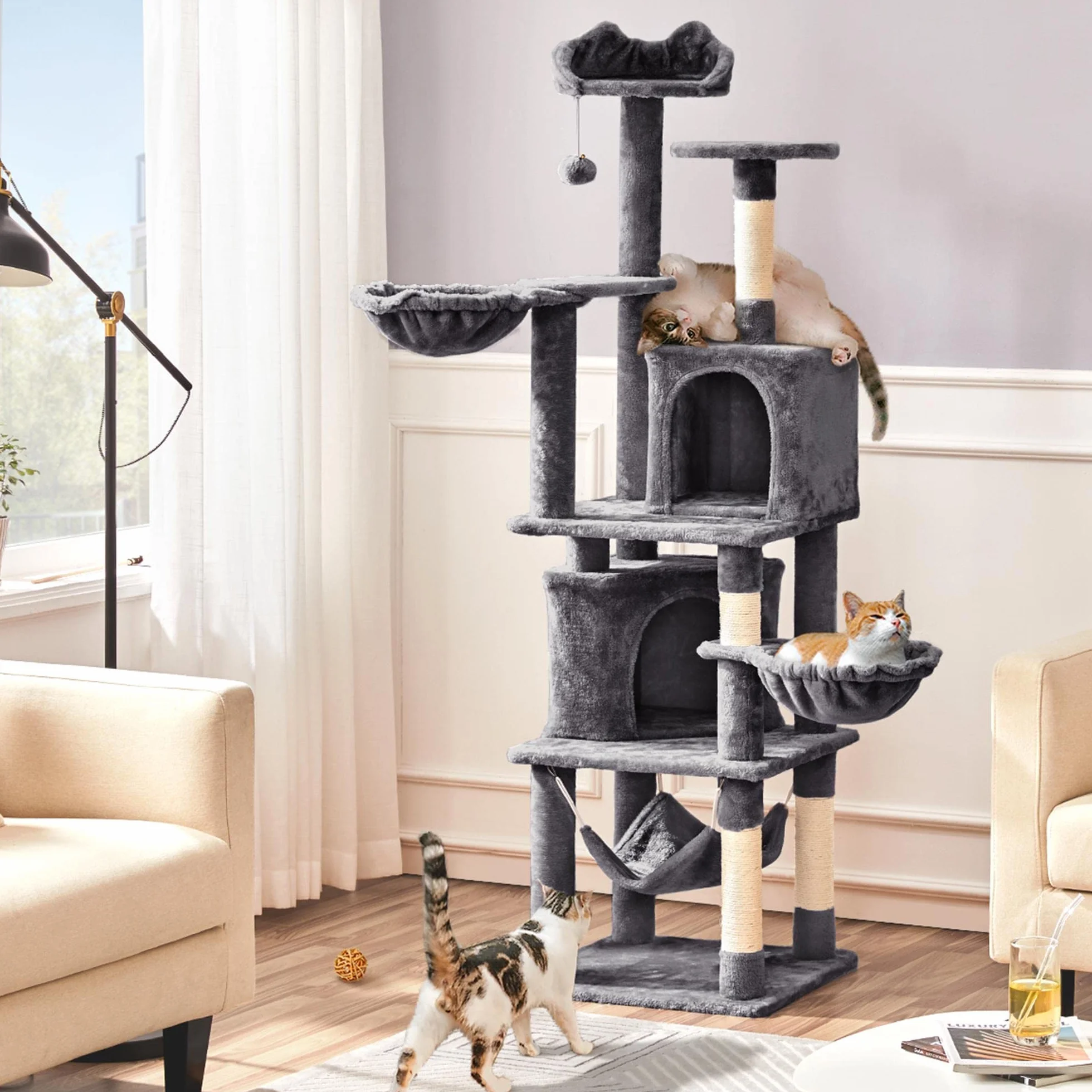Yaheetech Rascador XXL para Gatos de 175 cm de Altura para Gatos Grandes, árbol de Escalada Estable con columnas de sisal y Plataformas, Hamaca de Peluche, Color Gris Oscuro