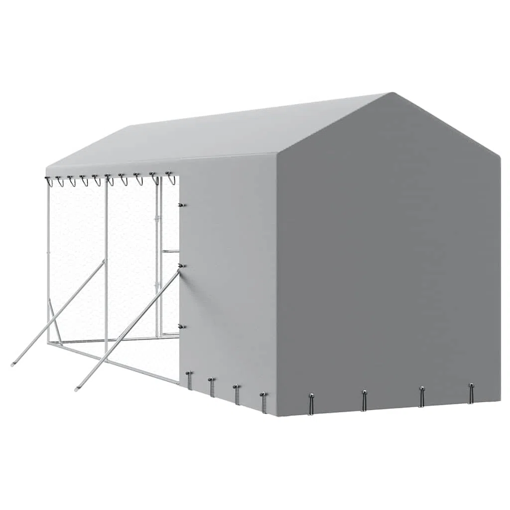 Perrera para perros al aire libre con techo plateado de acero galvanizado 2 x 6 x 2,5 m con puerta con cierre para perros, cachorros, animales pequeños, jardín, terraza, protección y seguridad