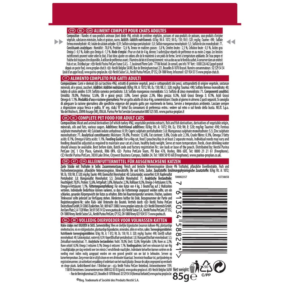 Pro Plan Comida Húmeda gato digestión Sensible trocitos salsa Pavo 26x85 g