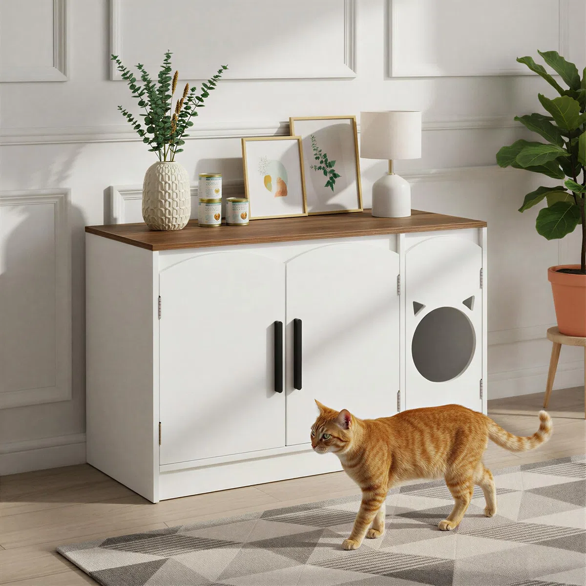 HOOBRO Mueble Arenero para Gatos, Caja de Arena Oculta, Armario Moderno de Madera de Ingeniería, Caseta Doble para Gatos con Diseño de Cabeza, Blanco y Nogal EWH51MW01