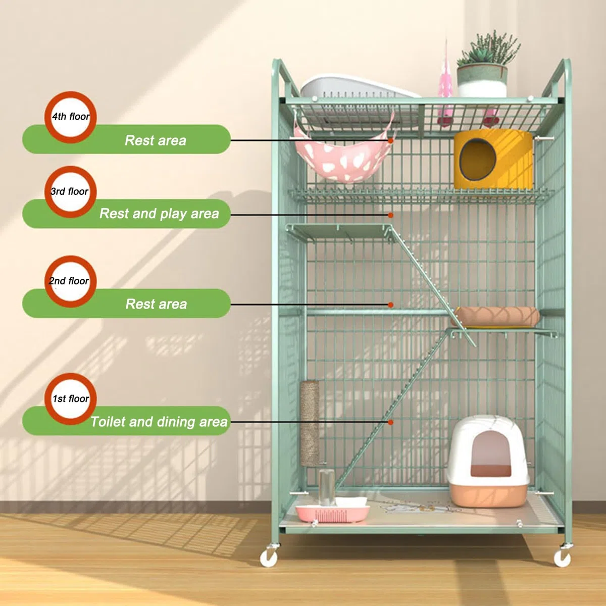 HARELA Jaula para Gatos, Parque de Metal para Gatos, Jaula para Gatos Grande Exterior/Interior, Perrera para 1-3 Gatos, Hurón, Conejo, Camping,Verde(70 * 55 * 112cm)