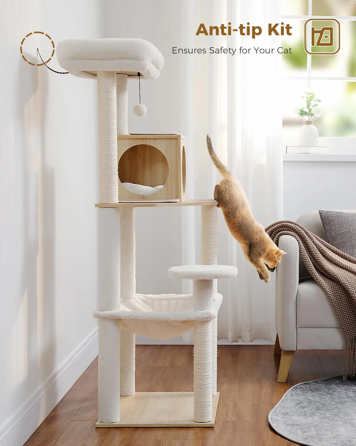 PETEPELA Árbol rascador de madera para gatos, 143 cm, moderno árbol rascador para gatos con hamaca más grande, cama superior con cuerda de sisal, columna beige