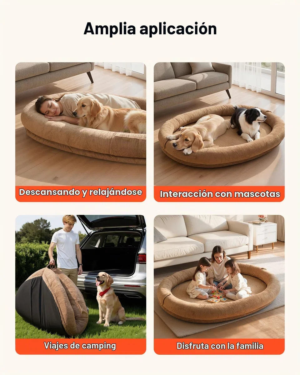 VEVOR Cama para Perros de Diseño Ovalado, Tamaño Humano, 177 x 123 x 24 cm, Ortopédica, de Espuma Viscoelástica, con Bolsillo Lateral, Asa y Cremallera, Funda Extraíble y Lavable a Máquina, Marrón