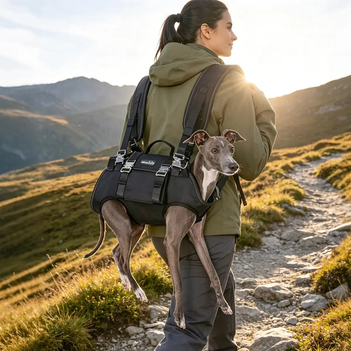 PETCUTE Mochila Transpirable para Mascotas,Bolsa Portátil Transportín para Perros con Bandolera Desmontable y Cómoda Asa,Arnés de Elevación para Perros Grande,Tela Oxford, Paseos,Senderismo,Viajar,L