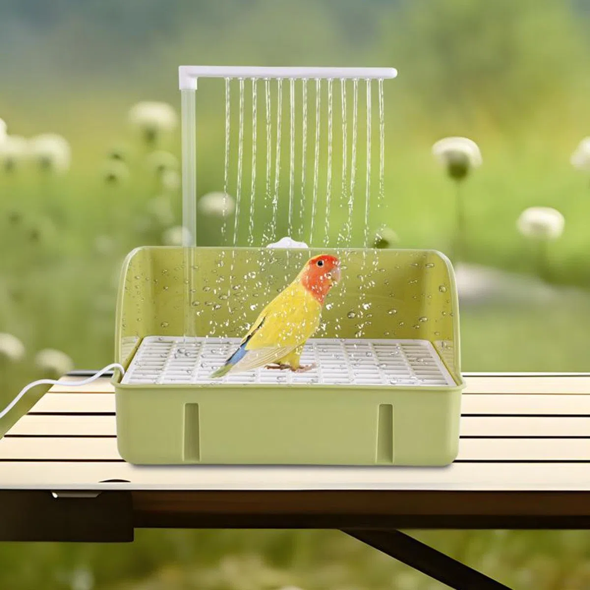 Parrot Bañera para Pájaros Automática de Ducha Eléctrica Jaula Recipiente Interactivo Material PP Adecuado para Cockatiel Paloma, Verde