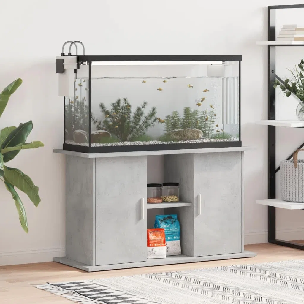 Soporte para acuario, color gris hormigón, de material de madera, 101 x 41 x 58 cm, con espacio de almacenamiento y almacenamiento, armario inferior estable para acuario, estantería y cómoda
