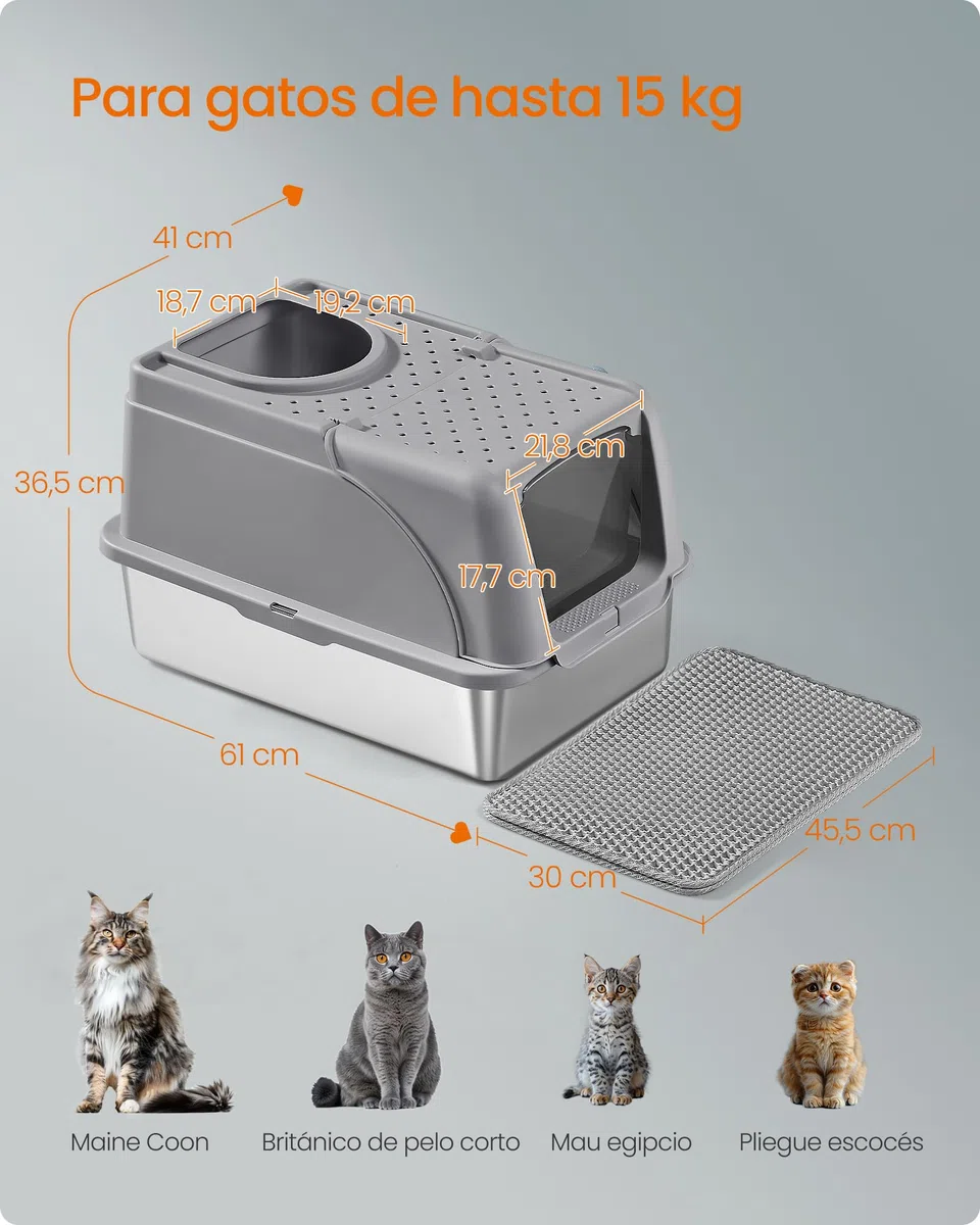 Feandrea Caja de Arena de Acero Inoxidable para Gatos con Tapa Abatible, Arenero XL, a Prueba de Fugas, Cuchara, Cepillo, Doble Entrada, Carga de Encimera de 15 kg, Gris Paloma PPT005G01