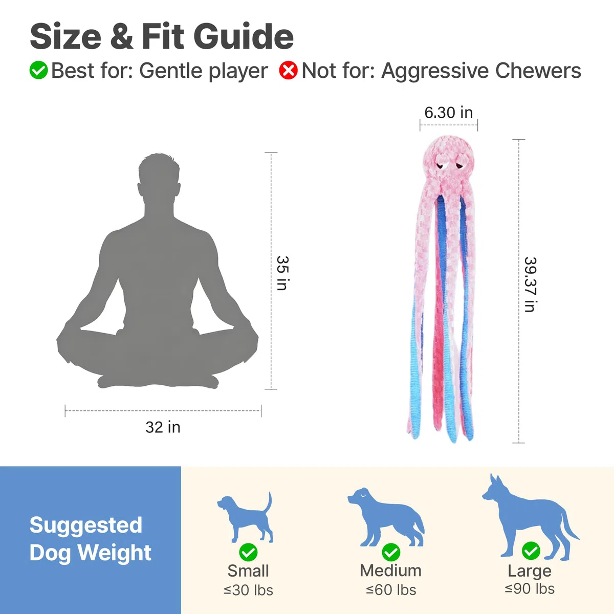 Potaroma Juguete de pulpo largo para perro, juguete de peluche chirriante extra largo de 3.2 pies, juguete interactivo duradero para masticar para el aburrimiento (rosa)