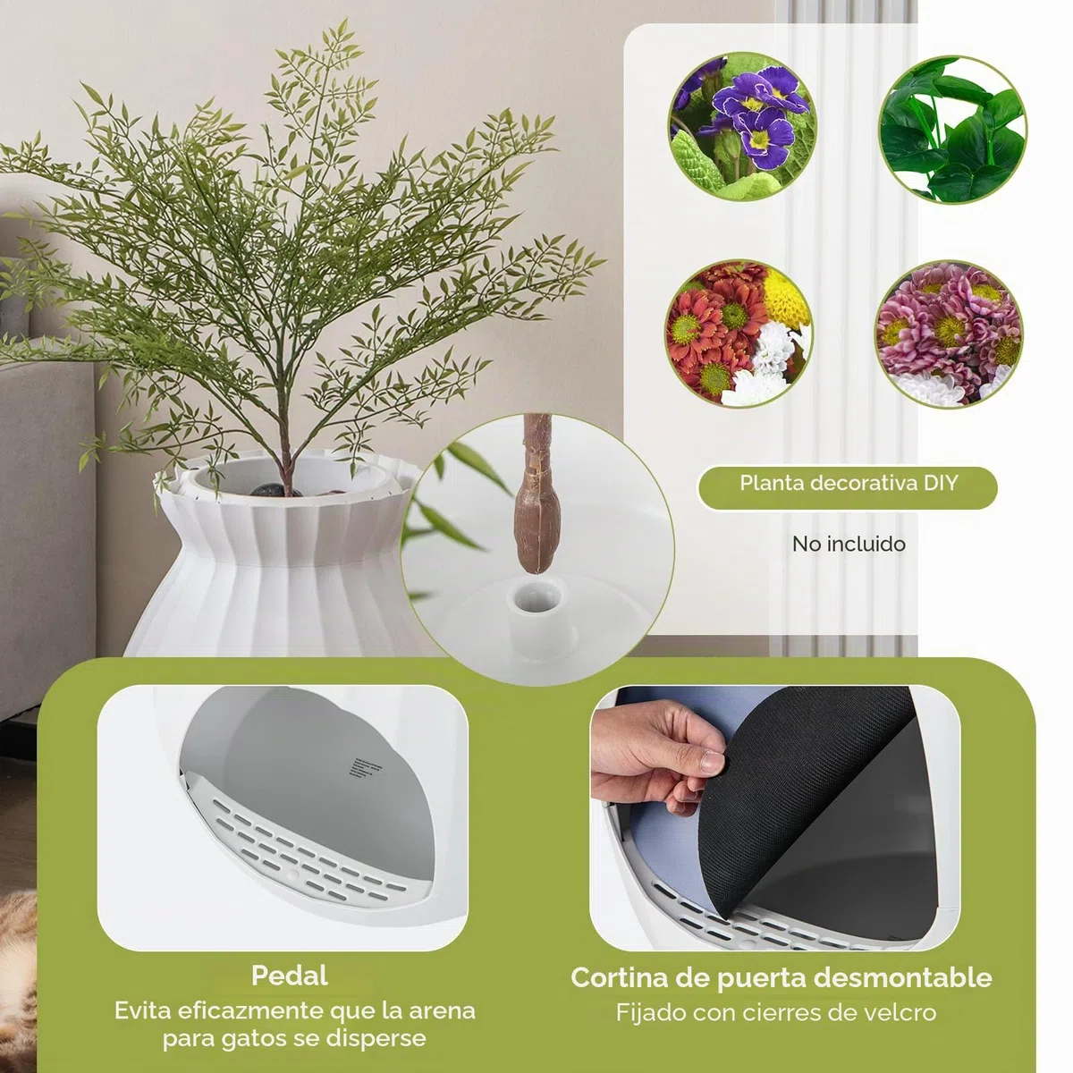 FANTASK Inodoro para Gatos 2 en 1, eliminación Inteligente de olores y esterilización con Cortina de Puerta, Estilo Maceta con Planta Artificial, guijarros y Pala