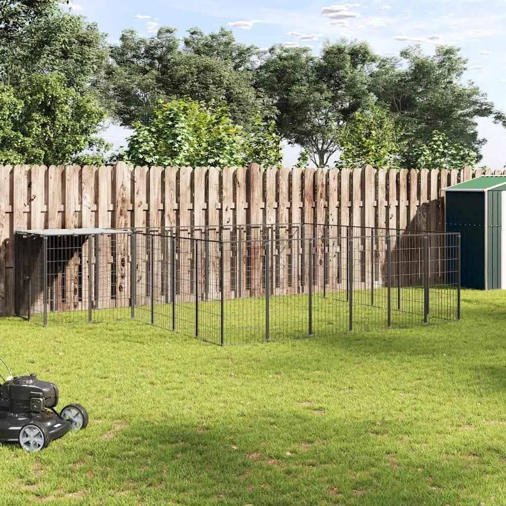 Perrera negra de acero de 12,1 m² con techo resistente al agua, puerta con cerradura, resistente cercado para jardín y exterior, salida segura y protección para cachorros y perros