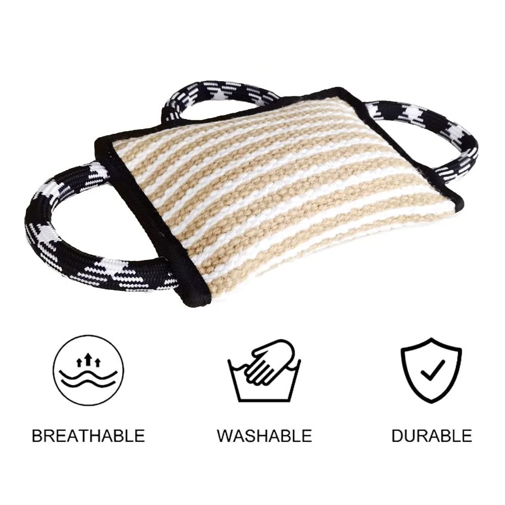 DONGKER Almohada de entrenamiento de yute para perros, juguete para cachorros con 3 asas para perros medianos a grandes, agilidad de entrenamiento interactivo