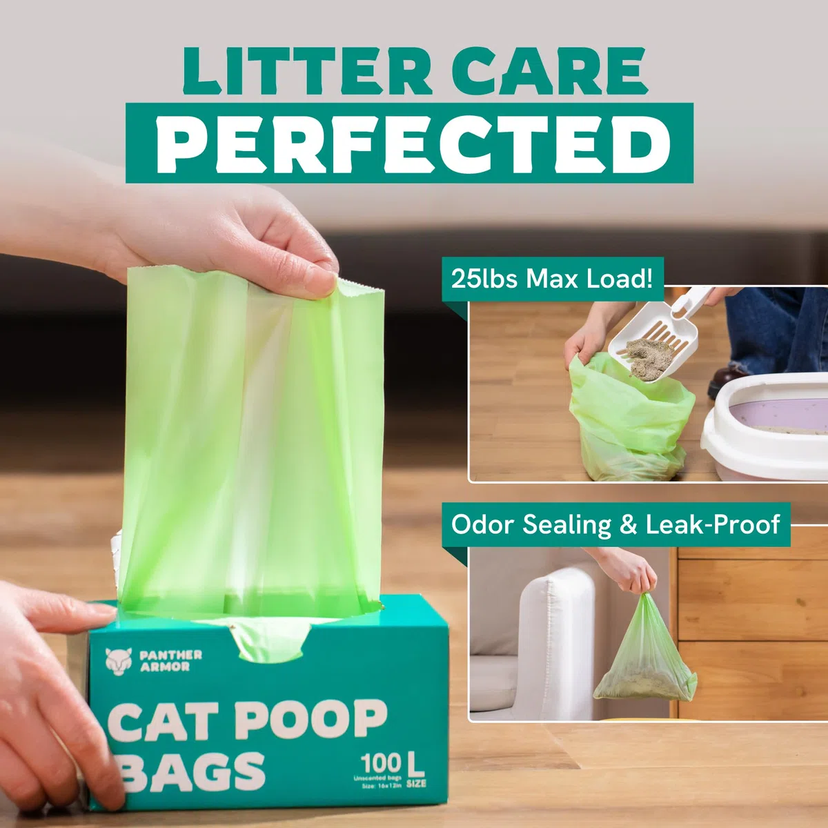 Panther Armor Bolsas para excremento de gato, 100 bolsas de basura para mascotas sin perfume, bolsas de arena para gatos de 13 x 9 pulgadas, bolsas de arena para gatos a prueba de fugas para