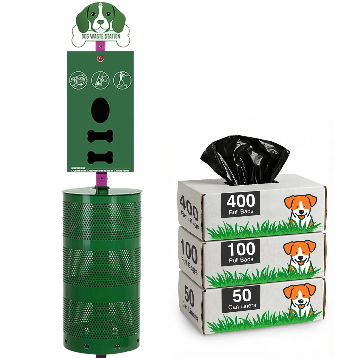 flybold Estación de basura para perros al aire libre – Estación de residuos para mascotas con dispensador de bolsas de excremento – Poste de señal en forma de perro, cubo de arena grande, 400 rollos,