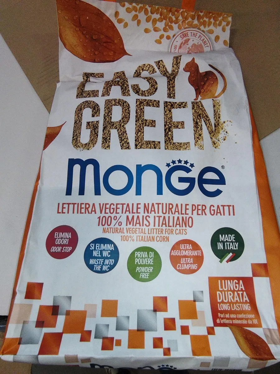 Arenero vegetal Monge Easy Green Mais para gatos y hurones reptiles, cat 10 litros, biodegradable, WC 2/3/6 bolsas