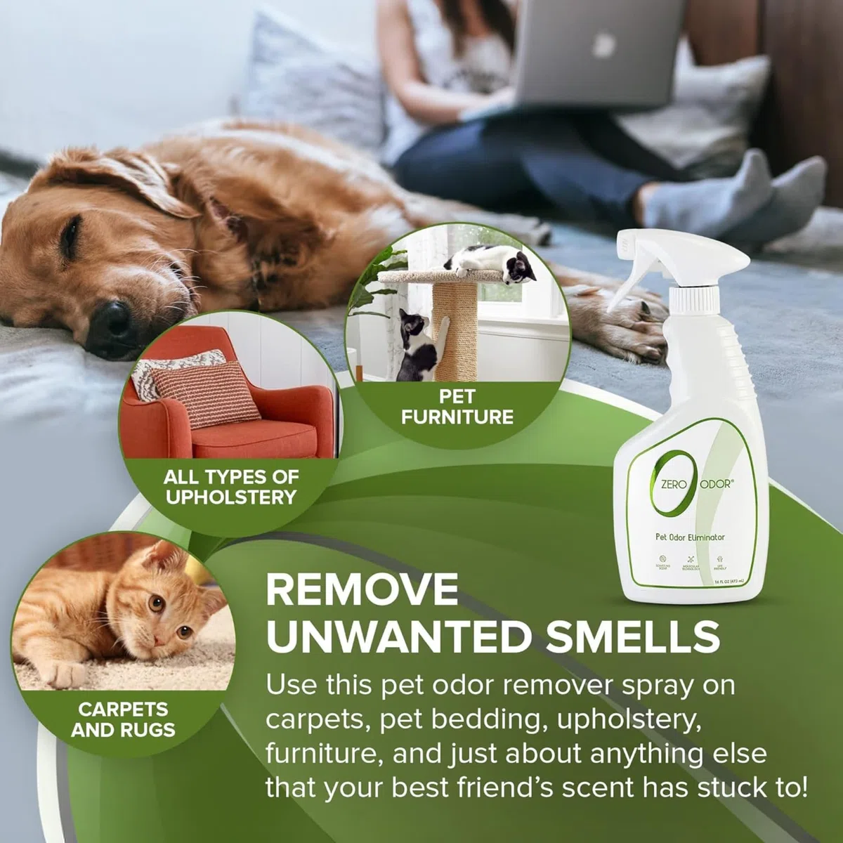 Zero Odor Eliminador de olores de Mascotas, Limpiador de Aire, purificador y Desodorante, más Que un ambientador, Realmente Elimina los olores a Nivel Molecular, Spray de gatillo (16 onzas)